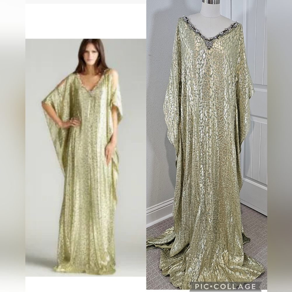 NWT Badgley Mischka Green Gold Shimmer Beaded Silk Caftan Large $690